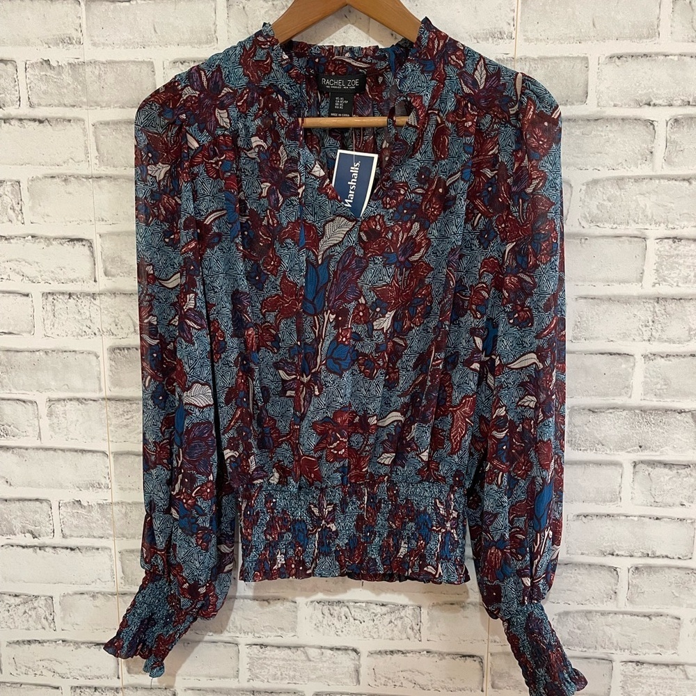 NWT! Women’s Rachel Zoe blue & maroon floral print blouse top XS
